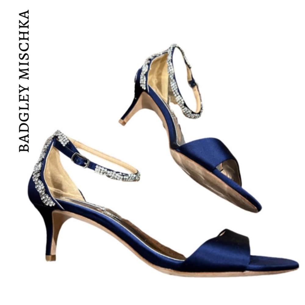 Badgley Mischka Navy Satin Rhinestone Ankle Strap Heels